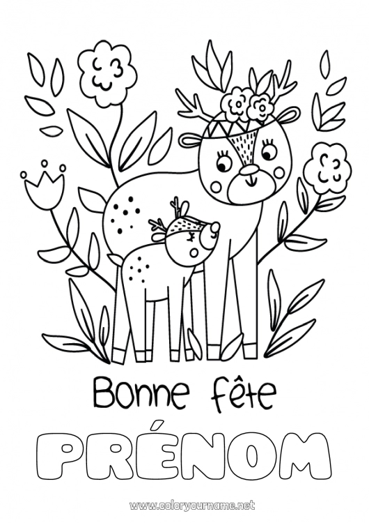 Coloriage à imprimer Maman Mamie Bonne fête Animal Biche Animaux de la forêt