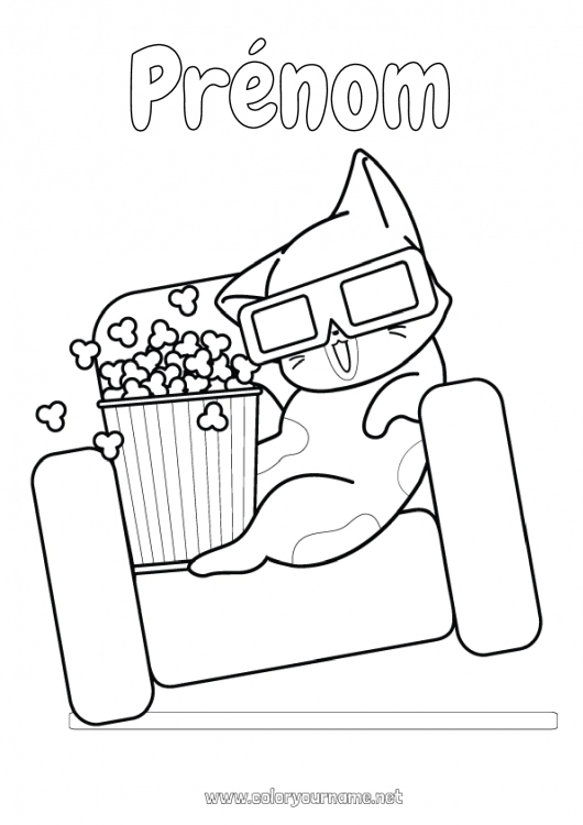 Coloriage à imprimer Chat Nourriture Animal Cinéma Pop Corn Gourmandises, sucreries Chiens et chats