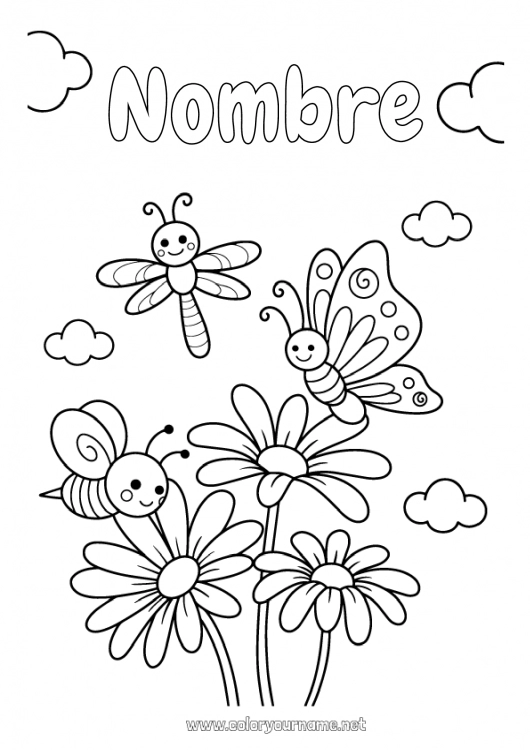 Dibujo para colorear para imprimir Lindo Flores Primavera Mariposa Animales Abeja Margarita Dibujos fáciles para colorear Insectos Libélula