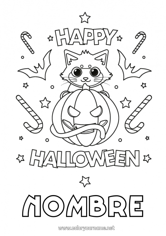 Dibujo para colorear para imprimir Caramelos Calabaza Gato negro Lindo Cat Halloween Perros y gatos Inscripción 