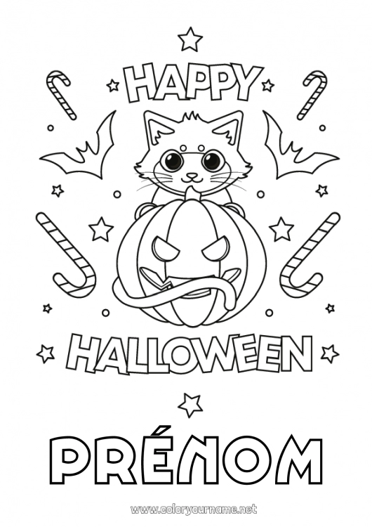 Coloriage à imprimer Bonbons Citrouille Chat noir Mignon Chat Halloween Chiens et chats Inscription "halloween"