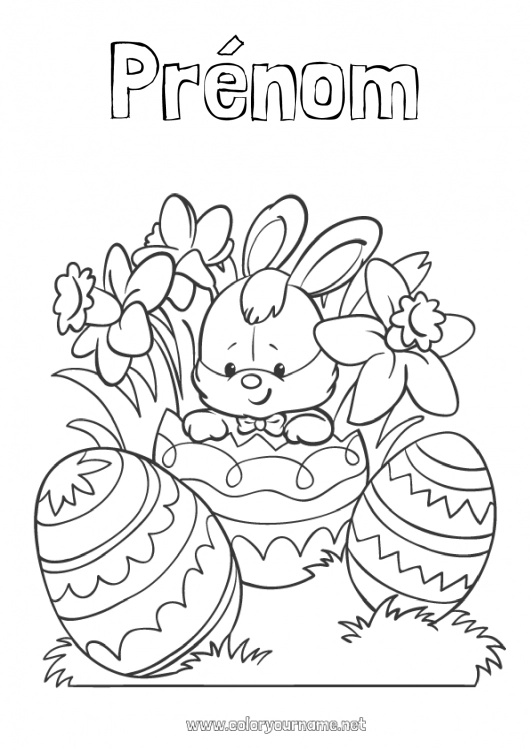 Coloriage à imprimer Fleurs Printemps Lapin Oeufs de Pâques Pâques Jonquilles Animaux de la forêt