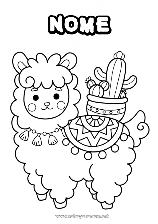 Pagina da colorare da stampare Kawaii Animale Lama Cactus Messico Disegni intermedi Altri animali del mondo