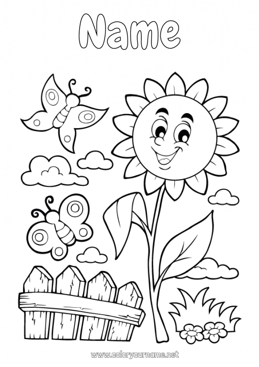 Coloring page to print Flowers Summer Spring Butterfly Sunflower Insects