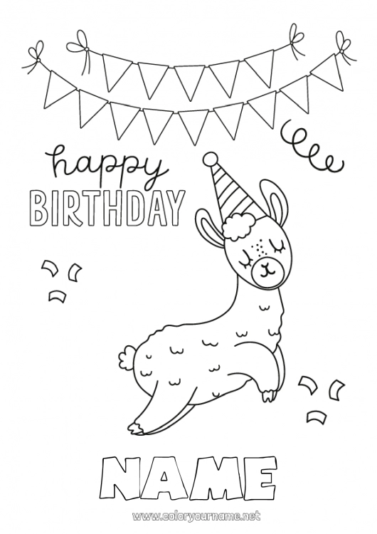 Coloring page to print Birthday Animal Llama Easy coloring pages Happy Birthday (English) Message Other animals of the world