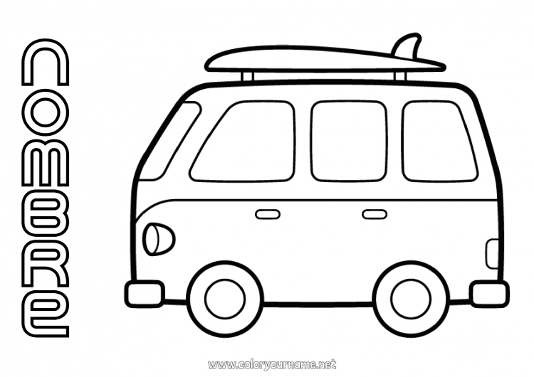 Dibujo para colorear para imprimir Sport Vehículos Dibujos fáciles para colorear Surf Van furgoneta Automóviles, furgonetas y autocaravanas Deportes náuticos