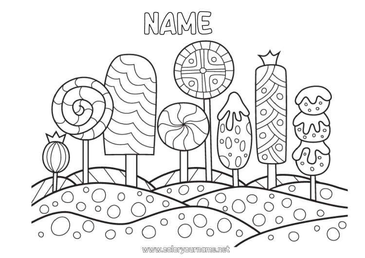 Coloring page to print Cake Food Treats Ice cream Lollipop Marshmallows