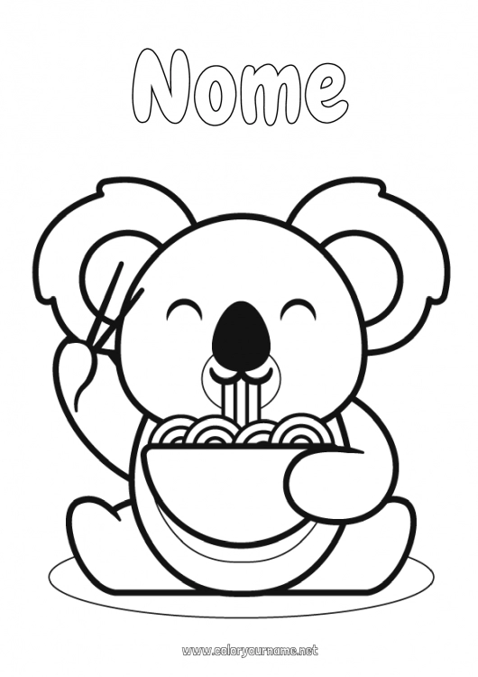 Pagina da colorare da stampare Kawaii Cibo Animale Koala Disegni da colorare facili Altri animali del mondo Ramen