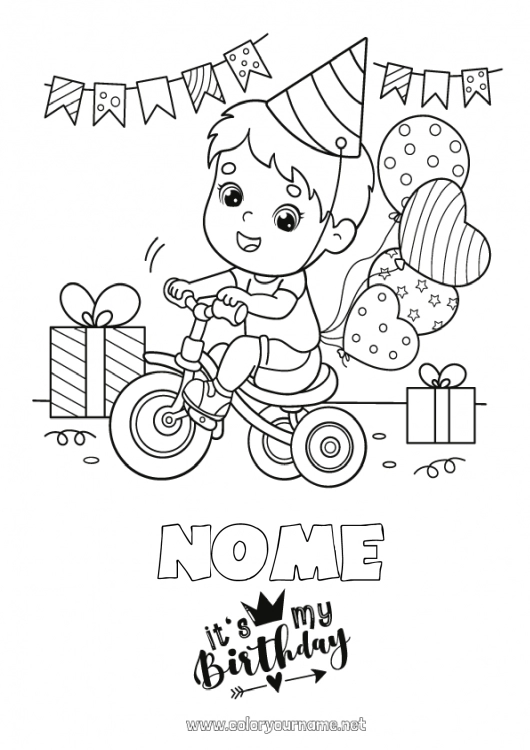 Página de desenho para imprimir Presentes Aniversário Bolas Festa Menino Colorações Intermediárias Bicicleta Feliz aniversário (francês) Mensagem Veículos de duas rodas