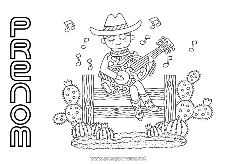 Coloriage à imprimer USA Musique Cactus Cow-boy Far West Fête de la musique