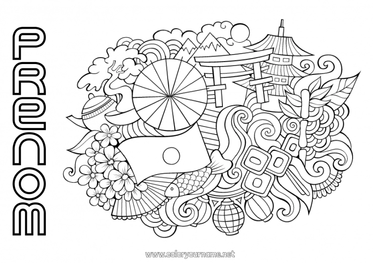 Coloriage à imprimer Géographie Japon Drapeau Symboles Pays Cerisier Pagode