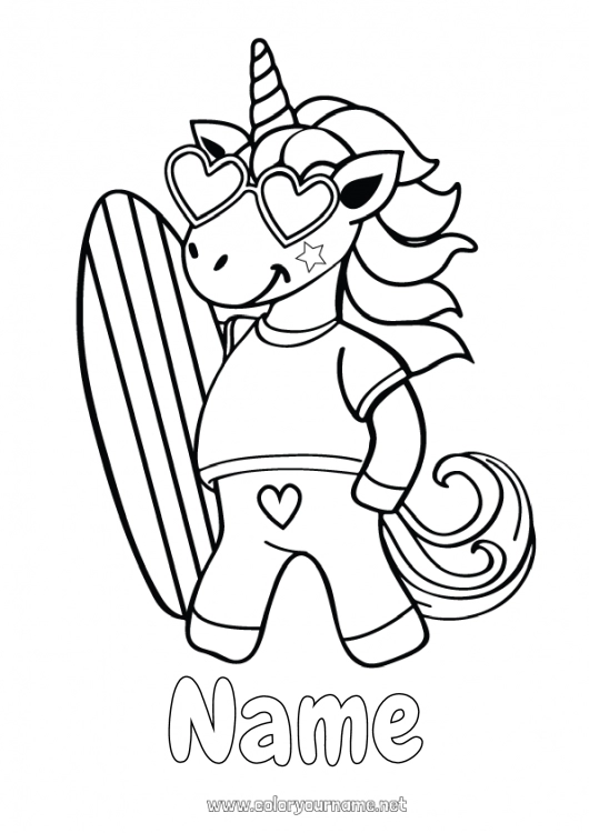 Coloring page to print Sport Unicorn Summer Sea Animal Easy coloring pages Surf Dragons, unicorns and fantastic animals Nautical sports