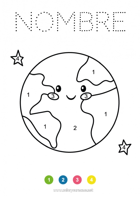 Dibujo para colorear para imprimir Lindo Kawaii Número Actividades para niños Geografía Espacio Planetas y sistema solar Dibujos fáciles para colorear Tierra Día de la Tierra Astronomía