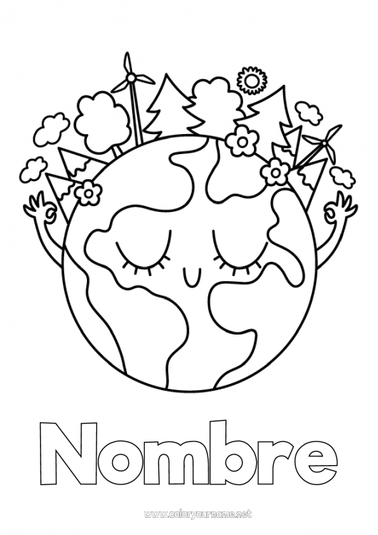 Dibujo para colorear para imprimir Lindo Kawaii Ecología Actividades para niños Tierra Día de la Tierra