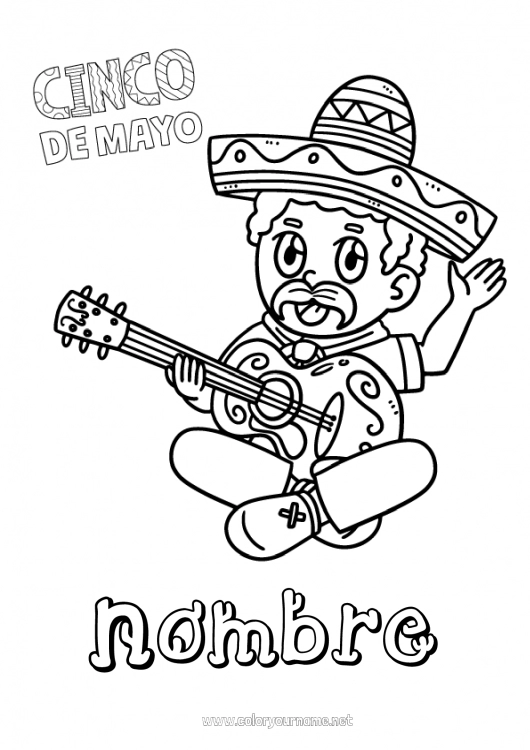 Dibujo para colorear para imprimir Abuelo Música México Cinco de Mayo Día Mundial de la Música Sombrero