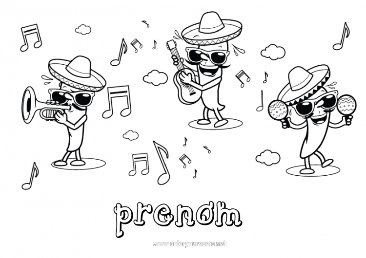 Coloriage à imprimer Musique Mexique Cinco de Mayo Fête de la musique Guitare Maracas Instruments de musique Sombrero