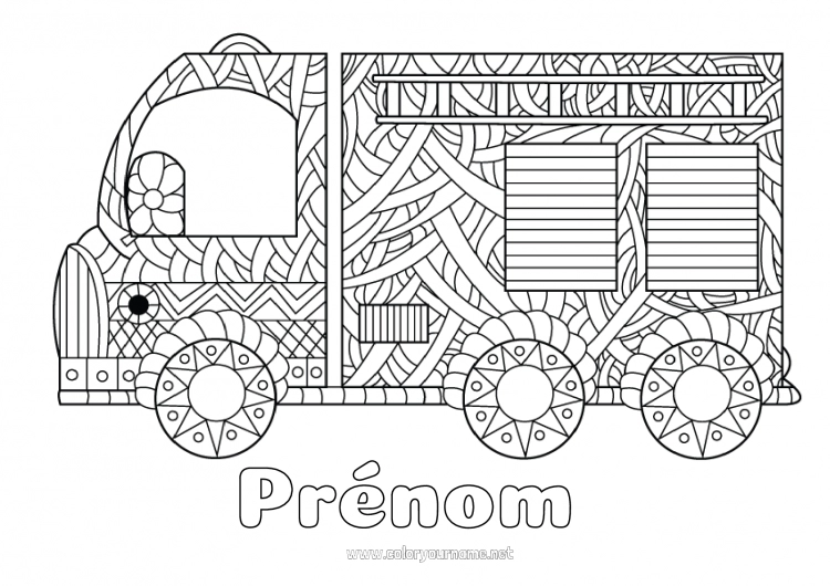 Coloriage à imprimer Mandala Camion Véhicules Pompier Coloriages complexes Camion de pompier Véhicules de secours et d'urgence Camions et véhicules utilitaires Métiers de la Sécurité Véhicules personnages