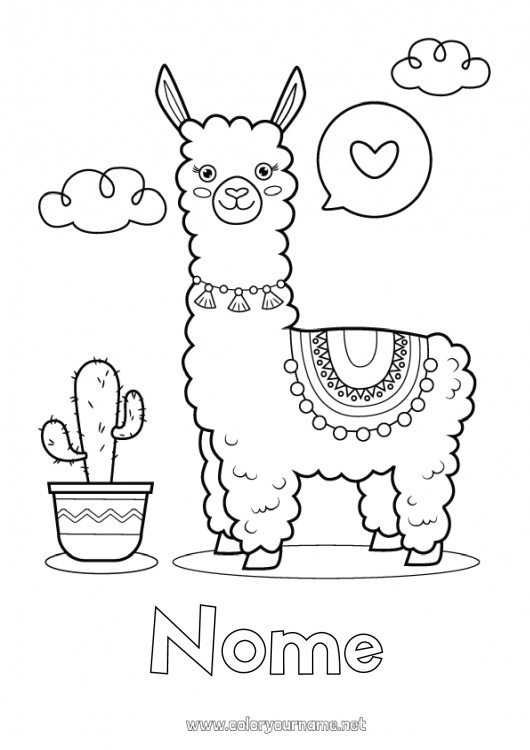 Pagina da colorare da stampare Animale Lama Cactus Messico Altri animali del mondo Cinco de Mayo