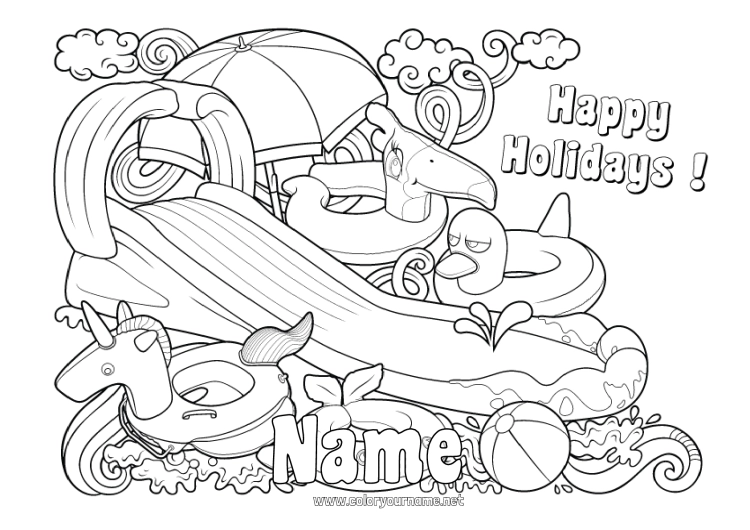 Coloring page to print Unicorn Summer Toys Dragons, unicorns and fantastic animals Parasol, Beach umbrella Buoy Games and toys Pool