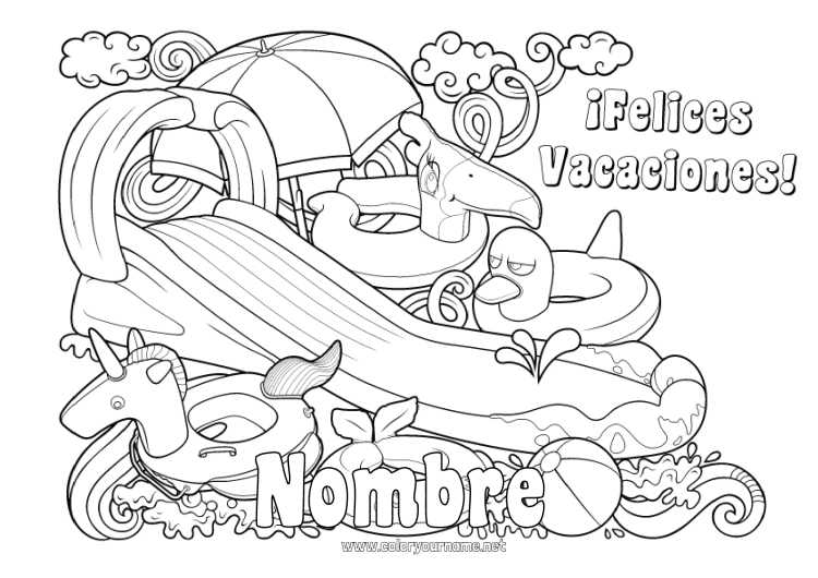 Dibujo para colorear para imprimir Unicornio Verano Juguetes Dragones, unicornios y animales fantásticos Parasol, sombrilla de playa Boya Juegos y juguetes Piscina