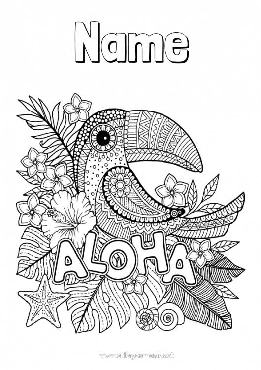 Coloring page to print Mandala Bird Animal Toucan Antistress Flying birds and mammals Hawaii