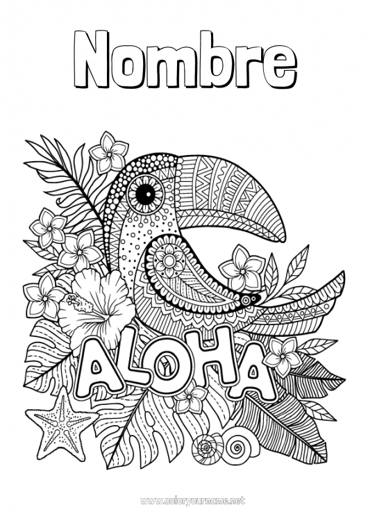 Dibujo para colorear para imprimir Mandala Pájaro Animales Tucán Antiestrés Aves y mamíferos voladores Hawai