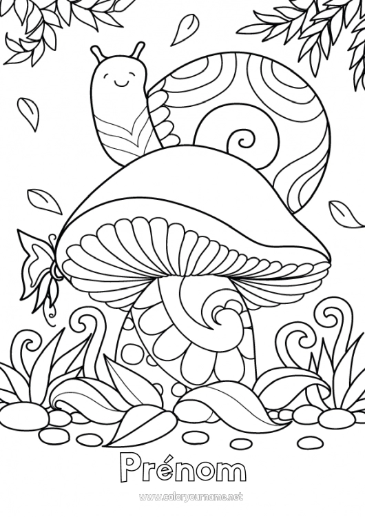 Coloriage à imprimer Automne Animal Champignon Escargot Zentangle