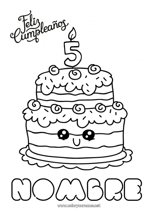 Dibujo para colorear para imprimir Vela Tarta Cumpleaños Kawaii Dibujos fáciles para colorear Mensaje de feliz cumpleaños (inglés) Edad personalizable