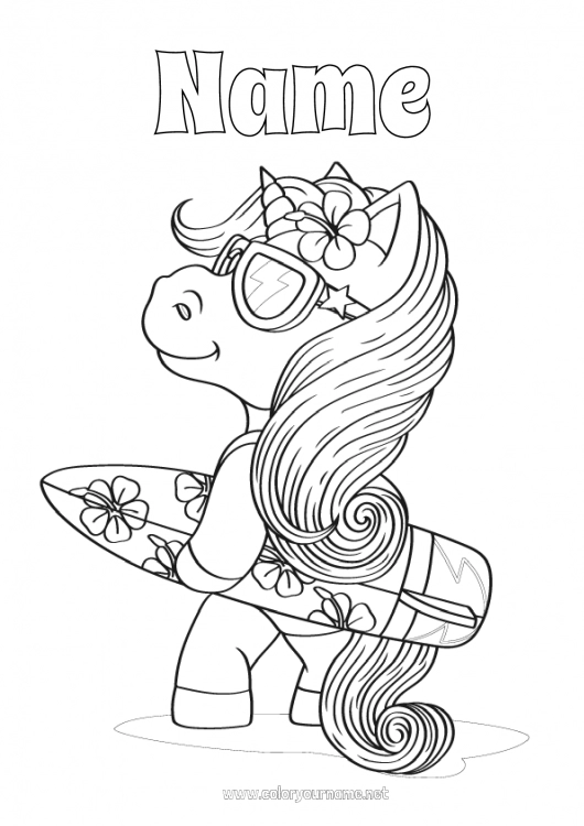 Coloring page to print Sport Unicorn Sea Animal Intermediate coloring pages Surf Dragons, unicorns and fantastic animals Hibiscus Nautical sports