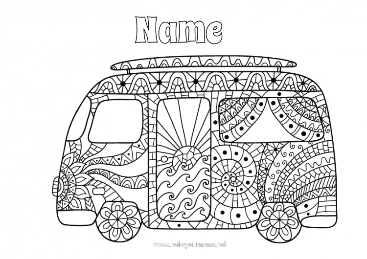 Coloring page to print Summer Truck Vehicles Complex coloring pages Surf Van Trucks and utility vehicles Cars, vans, and motorhomes Nautical sports