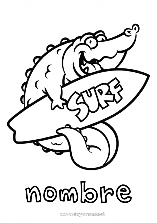 Dibujo para colorear para imprimir Sport Cocodrilo Verano Animales Dibujos fáciles para colorear Surf Reptiles Deportes náuticos