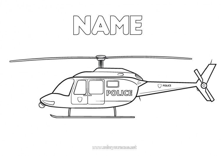 Coloring page to print Vehicles Police Helicopter Police vehicles Aerial vehicles Rescue and Emergency Vehicles Policeman Security Professions