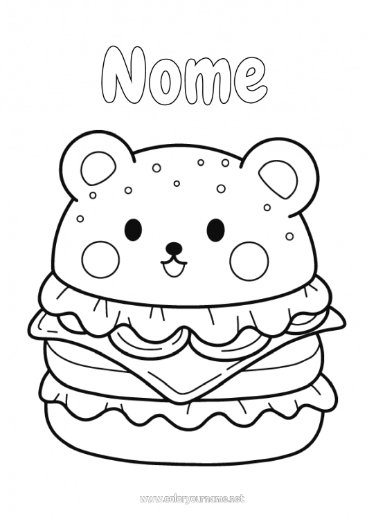 Página de desenho para imprimir Fofo Kawaii Comida Desenhos para colorir fáceis Hambúrguer