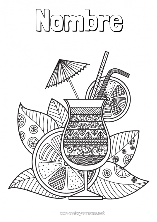 Dibujo para colorear para imprimir Mandala Vacaciones Verano Frutas Bebidas Zentangle Cócteles