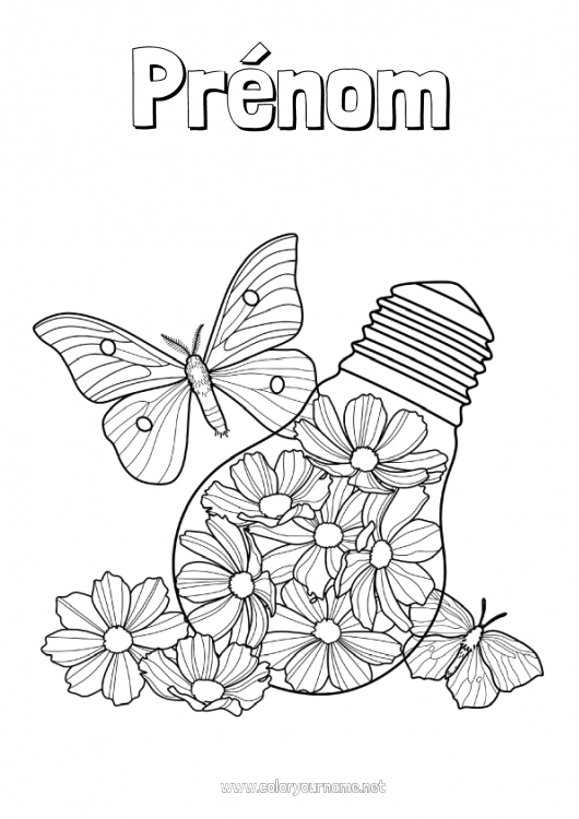 Coloriage à imprimer Fleurs Calme et zen Été Papillon Animal Insectes Anti-stress Ampoule