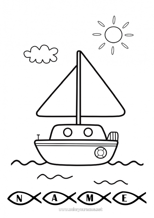 Coloring page to print Summer Sea Vehicles Boat Sailing boat Maritime vehicles