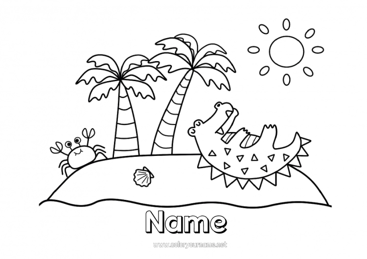 Coloring page to print Crocodile Summer Beach Animal Crab Palm Marine or aquatic animals Reptiles Island