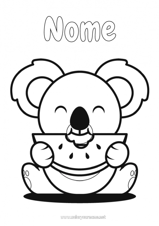 Pagina da colorare da stampare Carino Kawaii Cibo Animale Koala Frutta Disegni da colorare facili Altri animali del mondo Anguria