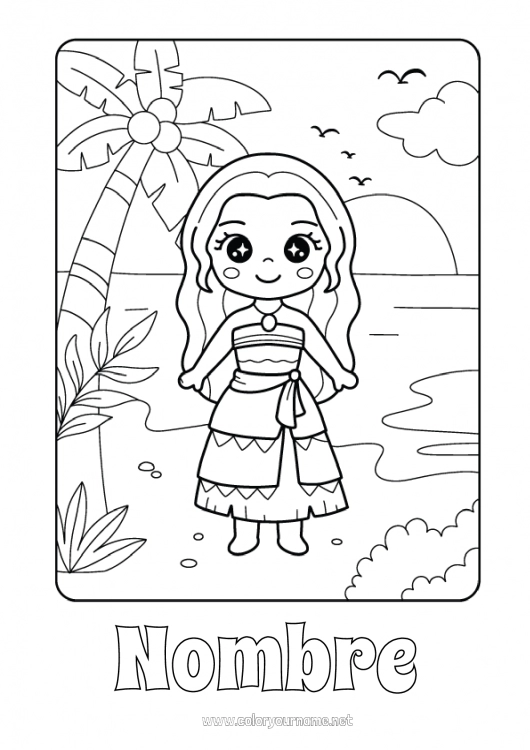 Dibujo para colorear para imprimir Verano Playa Princesa Palmera Dibujos intermedios para colorear Isla Dibujo animado Princesa famosa