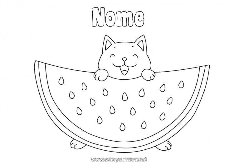 Pagina da colorare da stampare Gatto Kawaii Cibo Animale Frutta Disegni da colorare facili CanI e gatti Anguria