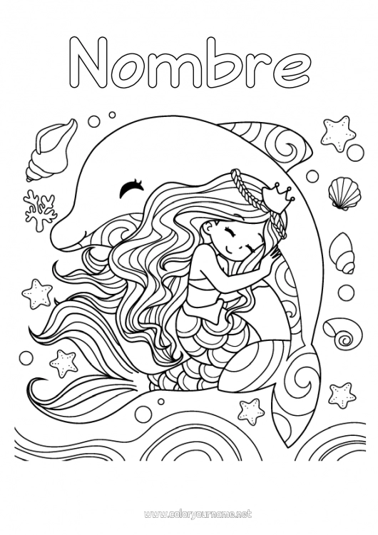 Dibujo para colorear para imprimir Lindo Princesa Mar Animales Delfín Sirena Cuento de hadas Conchas marinas Animales marinos o acuáticos