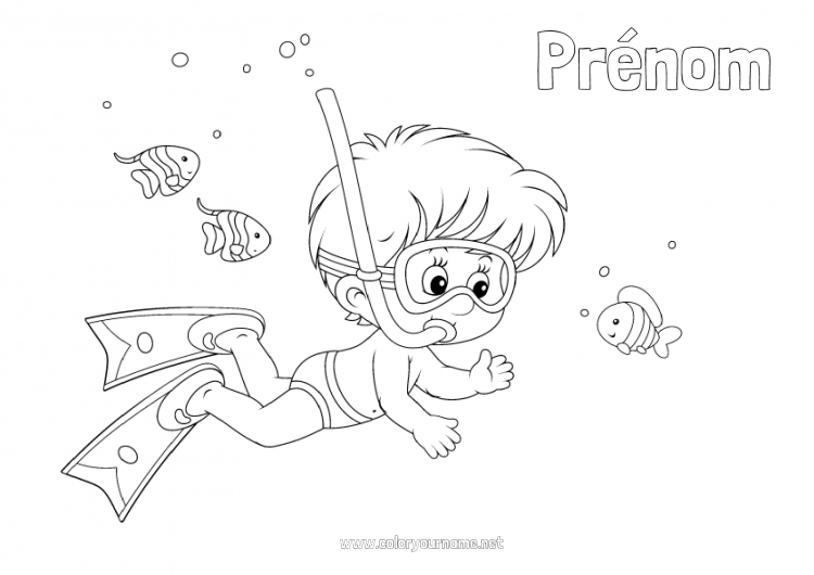 Coloriage à imprimer Sport Garçon Été Plage Mer Poisson Animaux marins ou aquatique Plongée Sports nautiques