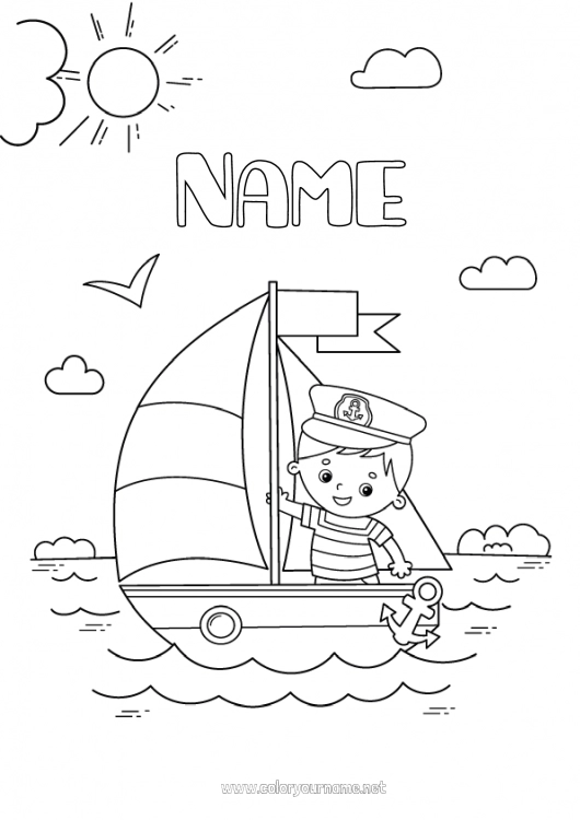 Coloring page to print Summer Sea Vehicles Boat Sailing boat Sailor Maritime vehicles Fisherman Sea jobs