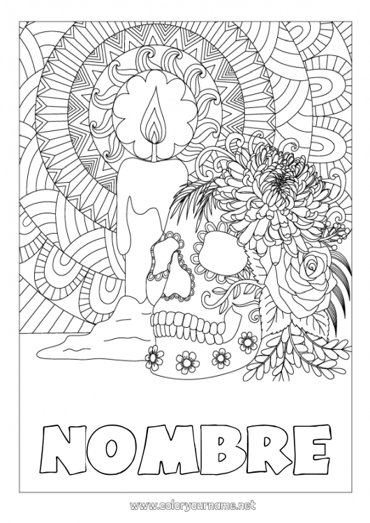 Dibujo para colorear para imprimir Vela Esqueleto Halloween Mandala Calavera Día de los Muertos