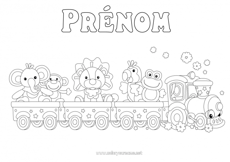 Coloriage à imprimer élephant Lion Véhicules Animal Singe Perroquet Train Locomotive Oiseaux et mammifères volants Animaux sauvages d'Afrique Transport en commun terrestres