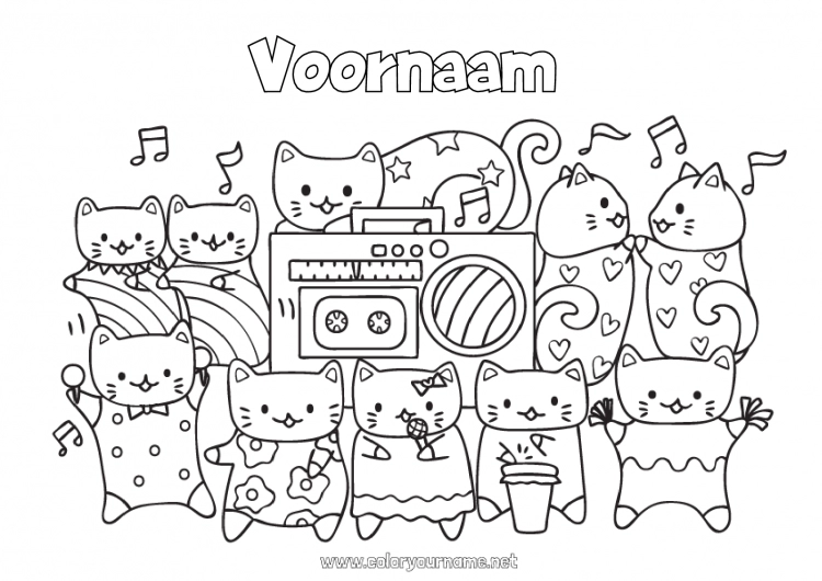 Kleurplaat om af te drukken Kat Kawaii Dier Muziek Honden en katten Muziekfestival