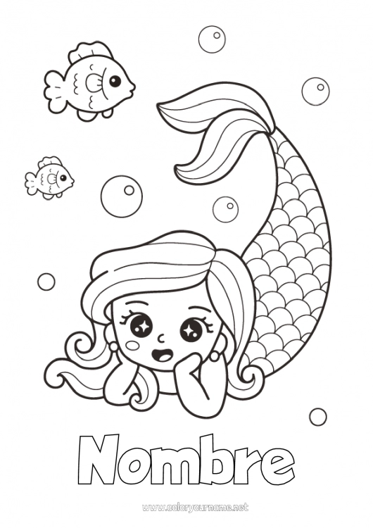 Dibujo para colorear para imprimir Lindo Kawaii Mar Sirena