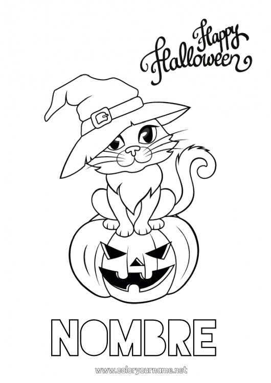 Dibujo para colorear para imprimir Calabaza Bruja Gato negro Halloween Jack O'Lantern Perros y gatos Inscripción 