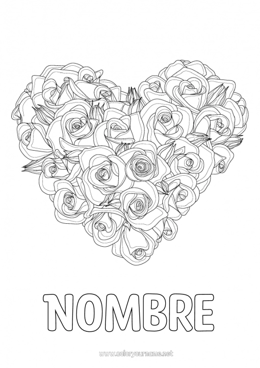 Dibujo para colorear para imprimir Flores Corazón Feliz día de fiesta Te amo Gran corazón Rosa