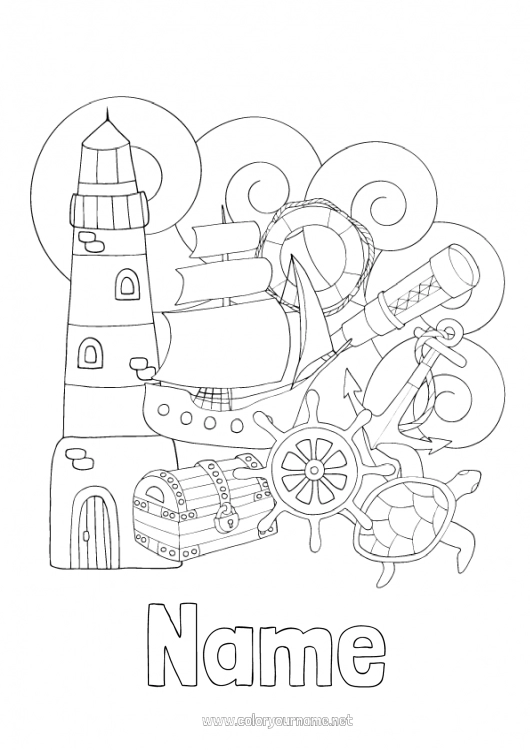 Coloring page to print Sea Boat Marine anchor Buoy Lighthouse Treasure Maritime vehicles